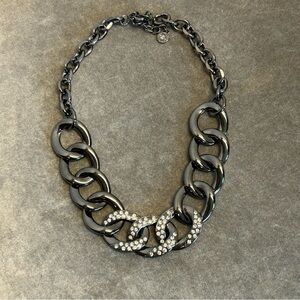 R.J. Graziano Gunmetal Silver tone Chrome chain link chunky necklace rhinestone